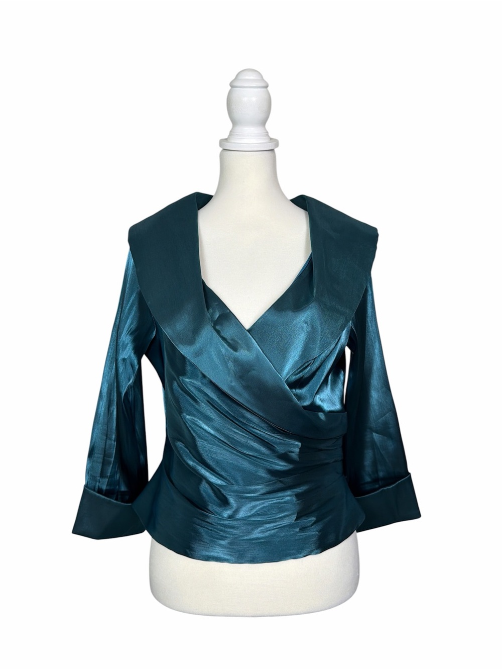 Xscape by Joanna Chen Teal Satin Formal Top Size 10 Elegant Wrap Blouse Evening